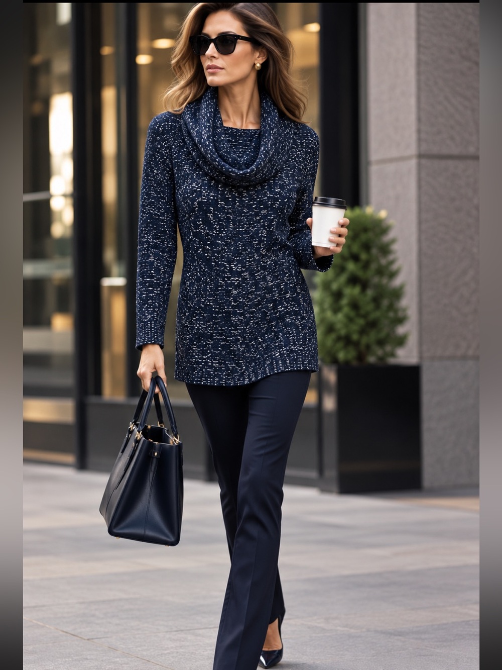1990’s St. John Vintage Navy White Marled Knit Cowl Neck Tunic Sweater Size M